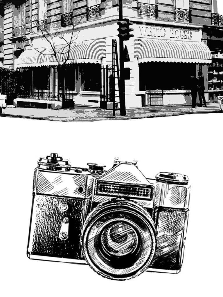 عکس سیاه و سفید فروشگاه رنوما و دوربین عکاسی